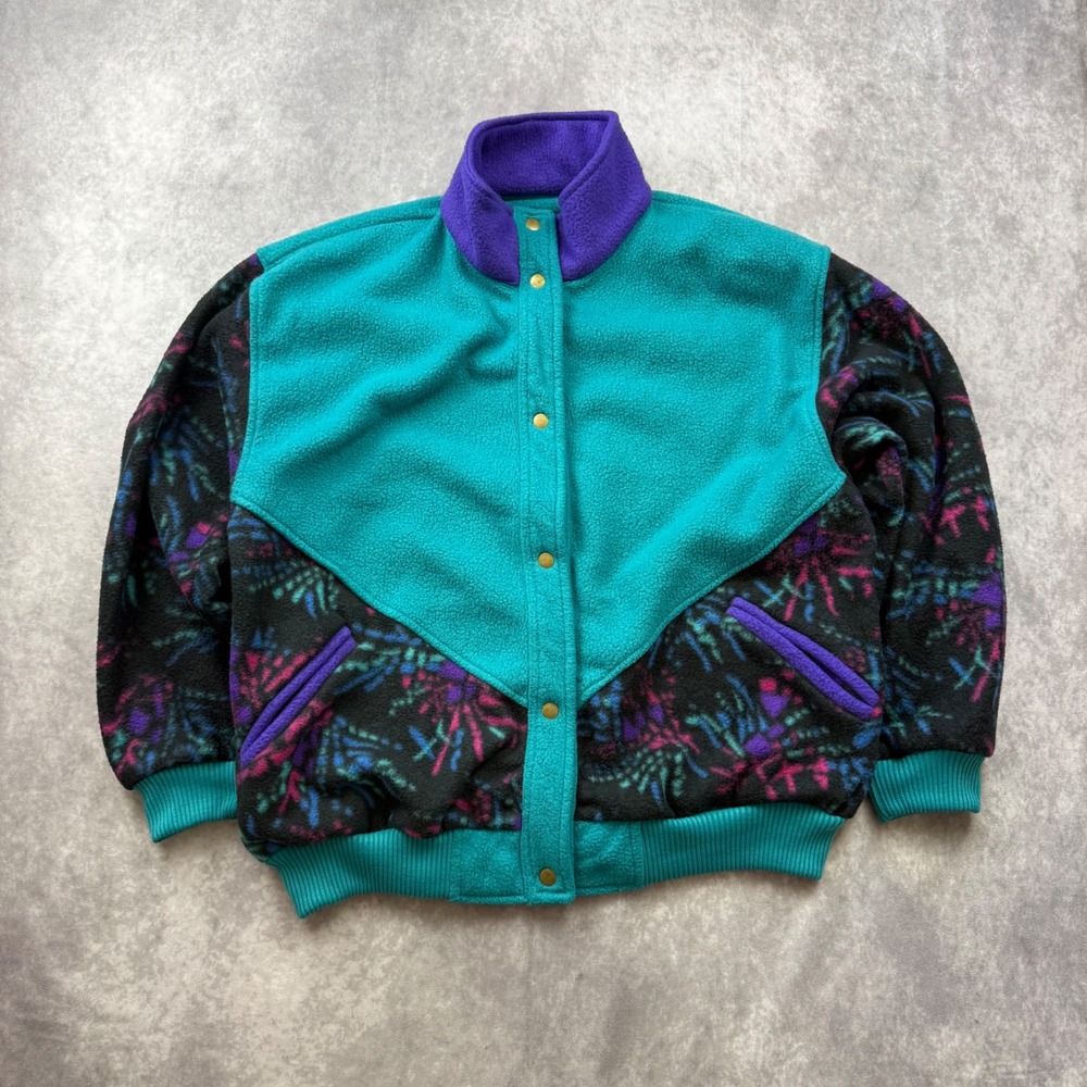 Vintage Active Elements Fleece Jacket L Teal Purple Colorblock Abstract 90s